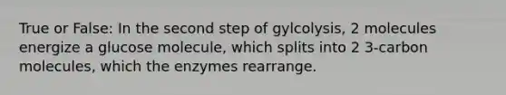 True or False: In the second step of gylcolysis, 2 molecules energize a glucose molecule, which splits into 2 3-carbon molecules, which the enzymes rearrange.