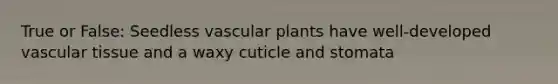 True or False: Seedless <a href='https://www.questionai.com/knowledge/kbaUXKuBoK-vascular-plants' class='anchor-knowledge'>vascular plants</a> have well-developed <a href='https://www.questionai.com/knowledge/k1HVFq17mo-vascular-tissue' class='anchor-knowledge'>vascular tissue</a> and a waxy cuticle and stomata