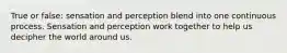 True or false: sensation and perception blend into one continuous process. Sensation and perception work together to help us decipher the world around us.