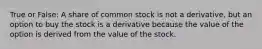 True or False: A share of common stock is not a derivative, but an option to buy the stock is a derivative because the value of the option is derived from the value of the stock.