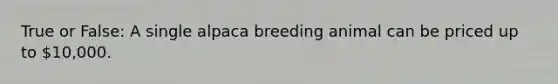 True or False: A single alpaca breeding animal can be priced up to 10,000.