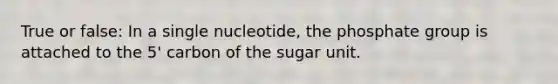 True or false: In a single nucleotide, the phosphate group is attached to the 5' carbon of the sugar unit.