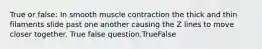 True or false: In smooth muscle contraction the thick and thin filaments slide past one another causing the Z lines to move closer together. True false question.TrueFalse