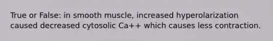 True or False: in smooth muscle, increased hyperolarization caused decreased cytosolic Ca++ which causes less contraction.