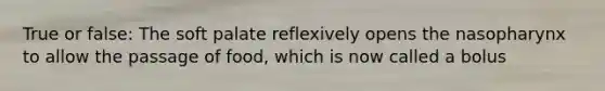 True or false: The soft palate reflexively opens the nasopharynx to allow the passage of food, which is now called a bolus