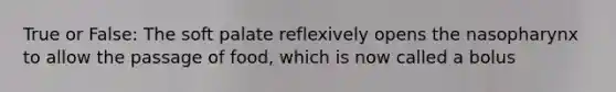 True or False: The soft palate reflexively opens the nasopharynx to allow the passage of food, which is now called a bolus