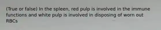 (True or false) In the spleen, red pulp is involved in the immune functions and white pulp is involved in disposing of worn out RBCs