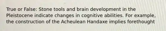 True or False: Stone tools and brain development in the Pleistocene indicate changes in cognitive abilities. For example, the construction of the Acheulean Handaxe implies forethought