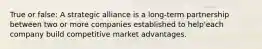 True or false: A strategic alliance is a long-term partnership between two or more companies established to help'each company build competitive market advantages.