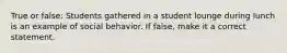 True or false: Students gathered in a student lounge during lunch is an example of social behavior. If false, make it a correct statement.