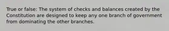 True or false: The system of checks and balances created by the Constitution are designed to keep any one branch of government from dominating the other branches.