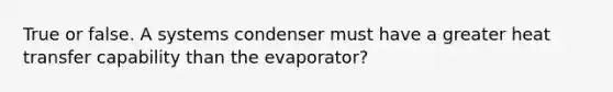 True or false. A systems condenser must have a greater heat transfer capability than the evaporator?