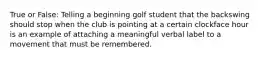 True or False: Telling a beginning golf student that the backswing should stop when the club is pointing at a certain clockface hour is an example of attaching a meaningful verbal label to a movement that must be remembered.