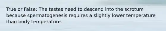 True or False: The testes need to descend into the scrotum because spermatogenesis requires a slightly lower temperature than body temperature.