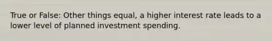 True or False: Other things equal, a higher interest rate leads to a lower level of planned investment spending.