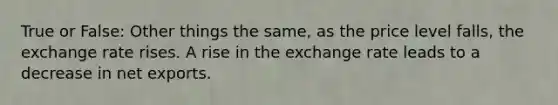 True or False: Other things the same, as the price level falls, the exchange rate rises. A rise in the exchange rate leads to a decrease in net exports.