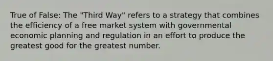 True of False: The "Third Way" refers to a strategy that combines the efficiency of a free market system with governmental economic planning and regulation in an effort to produce the greatest good for the greatest number.