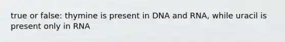 true or false: thymine is present in DNA and RNA, while uracil is present only in RNA