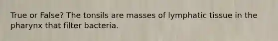 True or False? The tonsils are masses of lymphatic tissue in the pharynx that filter bacteria.