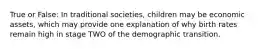 True or False: In traditional societies, children may be economic assets, which may provide one explanation of why birth rates remain high in stage TWO of the demographic transition.
