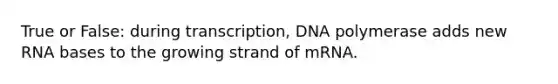 True or False: during transcription, DNA polymerase adds new RNA bases to the growing strand of mRNA.