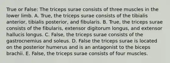 True or False: The triceps surae consists of three muscles in the lower limb. A. True, the triceps surae consists of the tibialis anterior, tibialis posterior, and fibularis. B. True, the triceps surae consists of the fibularis, extensor digitorum longus, and extensor hallucis longus. C. False, the triceps surae consists of the gastrocnemius and soleus. D. False the triceps surae is located on the posterior humerus and is an antagonist to the biceps brachii. E. False, the triceps surae consists of four muscles.