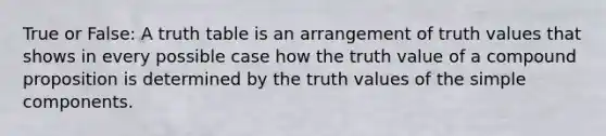 True or False: A truth table is an arrangement of truth values that shows in every possible case how the truth value of a compound proposition is determined by the truth values of the simple components.