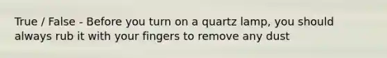 True / False - Before you turn on a quartz lamp, you should always rub it with your fingers to remove any dust