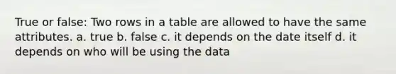 True or false: Two rows in a table are allowed to have the same attributes. a. true b. false c. it depends on the date itself d. it depends on who will be using the data