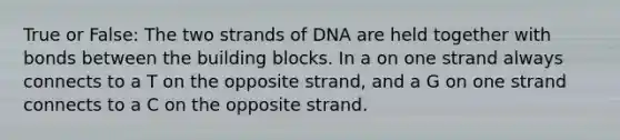 True or False: The two strands of DNA are held together with bonds between the building blocks. In a on one strand always connects to a T on the opposite strand, and a G on one strand connects to a C on the opposite strand.