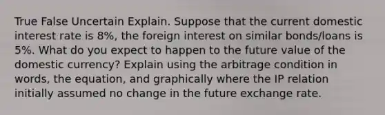 True False Uncertain Explain. Suppose that the current domestic interest rate is 8%, the foreign interest on similar bonds/loans is 5%. What do you expect to happen to the future value of the domestic currency? Explain using the arbitrage condition in words, the equation, and graphically where the IP relation initially assumed no change in the future exchange rate.