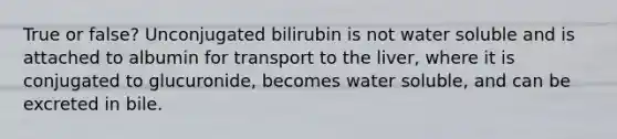 True or false? Unconjugated bilirubin is not water soluble and is attached to albumin for transport to the liver, where it is conjugated to glucuronide, becomes water soluble, and can be excreted in bile.