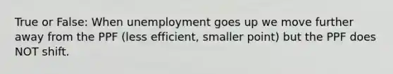 True or False: When unemployment goes up we move further away from the PPF (less efficient, smaller point) but the PPF does NOT shift.