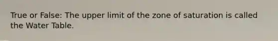 True or False: The upper limit of the zone of saturation is called the Water Table.