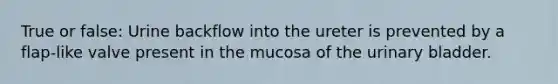 True or false: Urine backflow into the ureter is prevented by a flap-like valve present in the mucosa of the <a href='https://www.questionai.com/knowledge/kb9SdfFdD9-urinary-bladder' class='anchor-knowledge'>urinary bladder</a>.