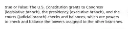 true or False: The U.S. Constitution grants to Congress (legislative branch), the presidency (executive branch), and the courts (judicial branch) checks and balances, which are powers to check and balance the powers assigned to the other branches.