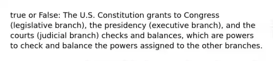 true or False: The U.S. Constitution grants to Congress (legislative branch), the presidency (executive branch), and the courts (judicial branch) checks and balances, which are powers to check and balance the powers assigned to the other branches.