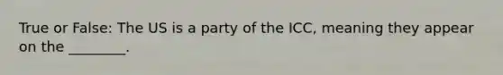 True or False: The US is a party of the ICC, meaning they appear on the ________.