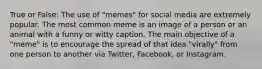 True or False: The use of "memes" for social media are extremely popular. The most common meme is an image of a person or an animal with a funny or witty caption. The main objective of a "meme" is to encourage the spread of that idea "virally" from one person to another via Twitter, Facebook, or Instagram.