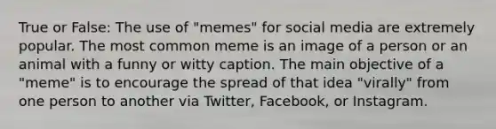 True or False: The use of "memes" for social media are extremely popular. The most common meme is an image of a person or an animal with a funny or witty caption. The main objective of a "meme" is to encourage the spread of that idea "virally" from one person to another via Twitter, Facebook, or Instagram.