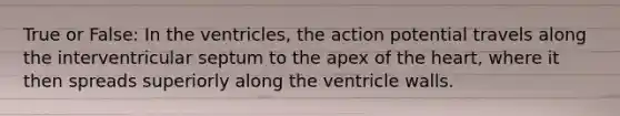 True or False: In the ventricles, the action potential travels along the interventricular septum to the apex of the heart, where it then spreads superiorly along the ventricle walls.