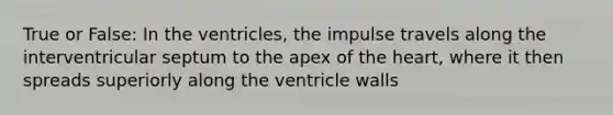 True or False: In the ventricles, the impulse travels along the interventricular septum to the apex of the heart, where it then spreads superiorly along the ventricle walls