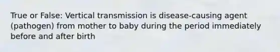 True or False: Vertical transmission is disease-causing agent (pathogen) from mother to baby during the period immediately before and after birth