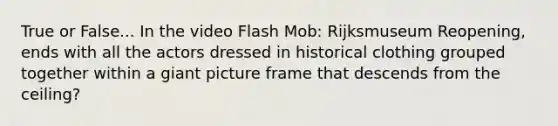 True or False... In the video Flash Mob: Rijksmuseum Reopening, ends with all the actors dressed in historical clothing grouped together within a giant picture frame that descends from the ceiling?