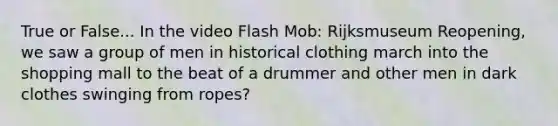 True or False... In the video Flash Mob: Rijksmuseum Reopening, we saw a group of men in historical clothing march into the shopping mall to the beat of a drummer and other men in dark clothes swinging from ropes?