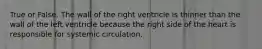 True or False. The wall of the right ventricle is thinner than the wall of the left ventricle because the right side of the heart is responsible for systemic circulation.