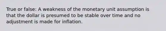 True or false: A weakness of the monetary unit assumption is that the dollar is presumed to be stable over time and no adjustment is made for inflation.