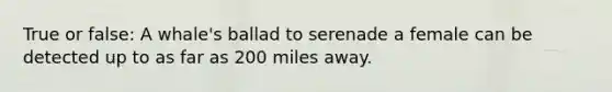 True or false: A whale's ballad to serenade a female can be detected up to as far as 200 miles away.
