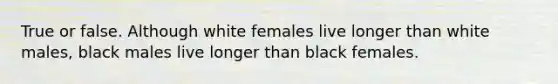 True or false. Although white females live longer than white males, black males live longer than black females.