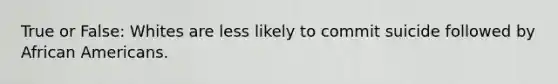 True or False: Whites are less likely to commit suicide followed by <a href='https://www.questionai.com/knowledge/kktT1tbvGH-african-americans' class='anchor-knowledge'>african americans</a>.